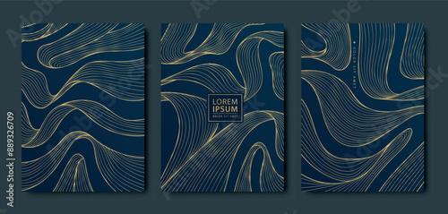 Vector gold wavy backgrounds, abstract luxury cards, golden ribbons on blue. Birthday invitation, wedding, royal brochure, poster, business card.