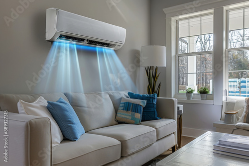 A modern living room features a couch with pillows and a wall-mounted air conditioner blowing cool air