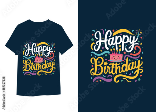 Happy Birthday.Beautiful greeting card scratched calligraphy black text word gold stars.
