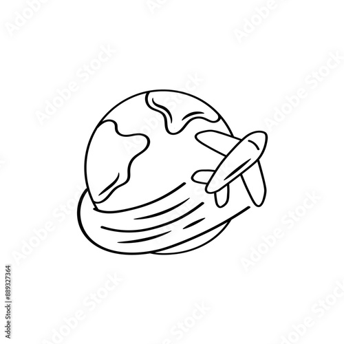 Worldwide flights. Airplane flight around planet earth doodle icon. Vector hand drawn sketch illustration.