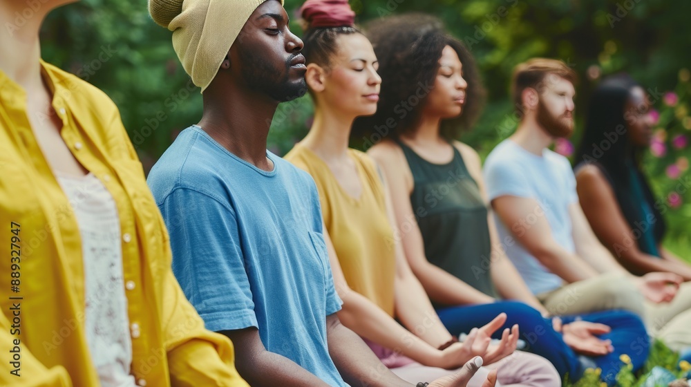 A group meditation outdoors, in nature, for peace and harmony, fostering serenity and connection