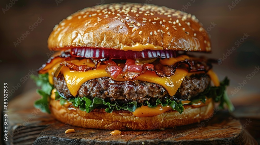A Gourmet Burger with Visible Layers and Melting Cheese A Gourmet Burger with Visible Layers and Melting Cheese