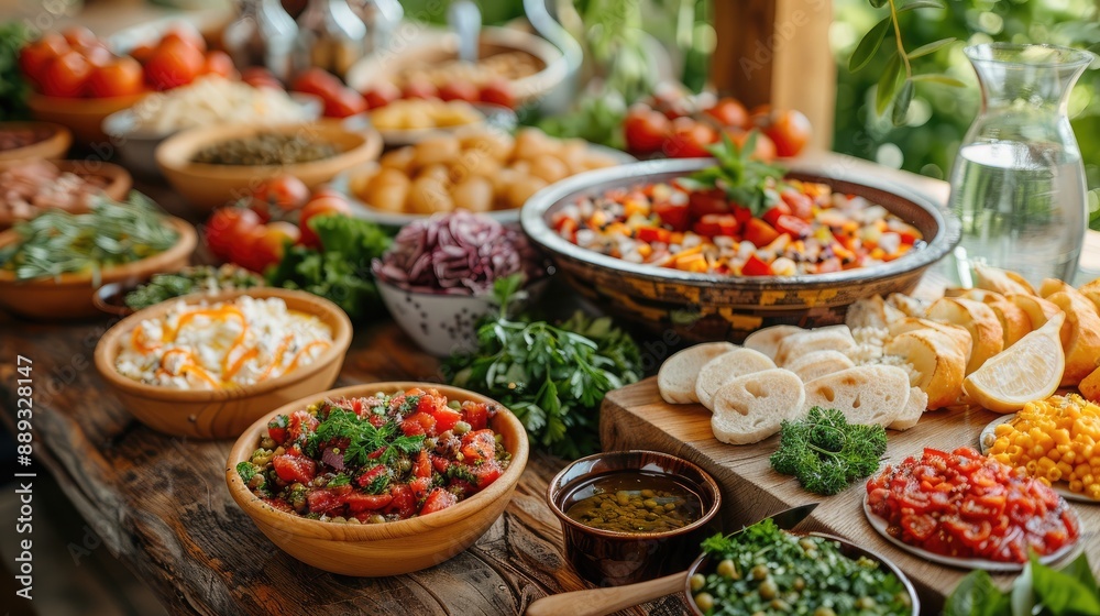 A vibrant Mediterranean mezze spread, various dishes, rustic table
