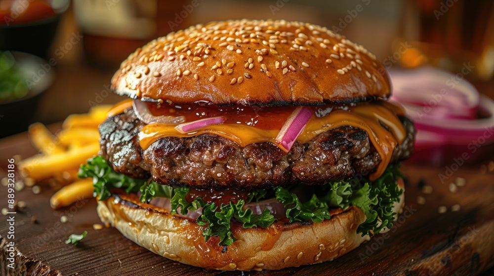 A Gourmet Burger with Visible Layers and Melting Cheese A Gourmet Burger with Visible Layers and Melting Cheese