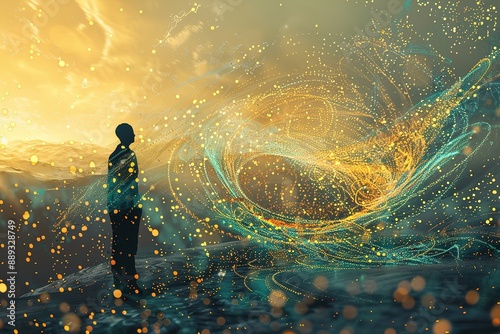 Silhouette of a Person Standing Before a Twirling Galaxy of Light