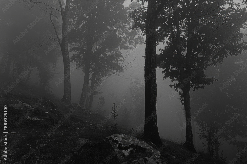 Fototapeta premium Spooky Foggy Forest - A Mystical Night in the Dark Woods