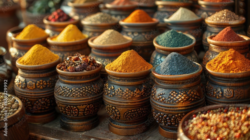 Hyper-Detailed Image of a Vibrant Spice Market Display with Visible Textures Hyper-Detailed Image of a Vibrant Spice Market Display with Visible Textures