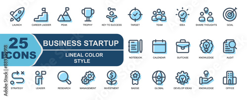 startup business icon collection.colr lineal style,modern style icon. contains knowledge, suitcase, work, schedule, calendar, notebook, rocket, career path, solution, idea