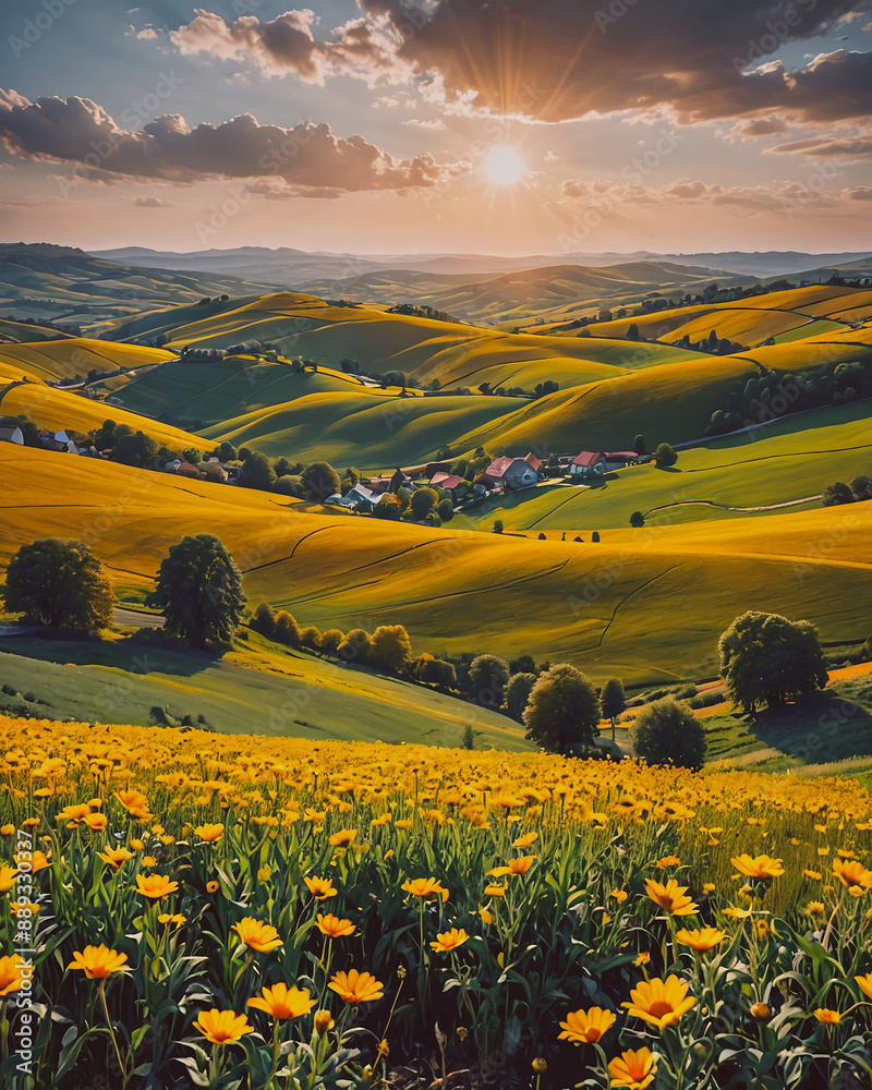 Fototapeta premium A picturesque view of rolling hills covered with blooming flowers under a golden sunset 