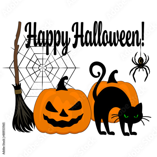 Halloween card with hissing cat, pumpkins, witch broom and cobweb, flat design vector illustration, banner, invitation, Halloween decoration elements.