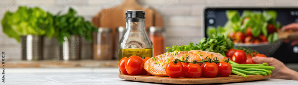 A person is preparing a meal with fresh vegetables and fish A person is preparing a meal with fresh vegetables and fish
