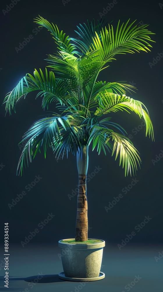 Obraz premium A solo potted palm casts shadows at night