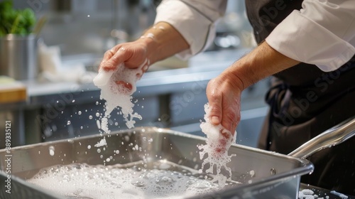 A chef demonstrating the proper way to clean and sanitize kitchen equipment after use. High-resolution, food safety practices, kitchen cleanliness, hygiene training, sanitation