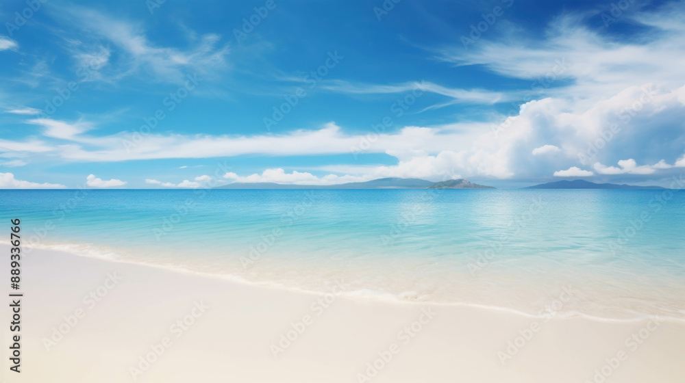 Serene Blue Ocean Waves Gently Crashing onto the Sandy Shore under a Clear Sky Serene Blue Ocean Waves Gently Crashing onto the Sandy Shore under a Clear Sky