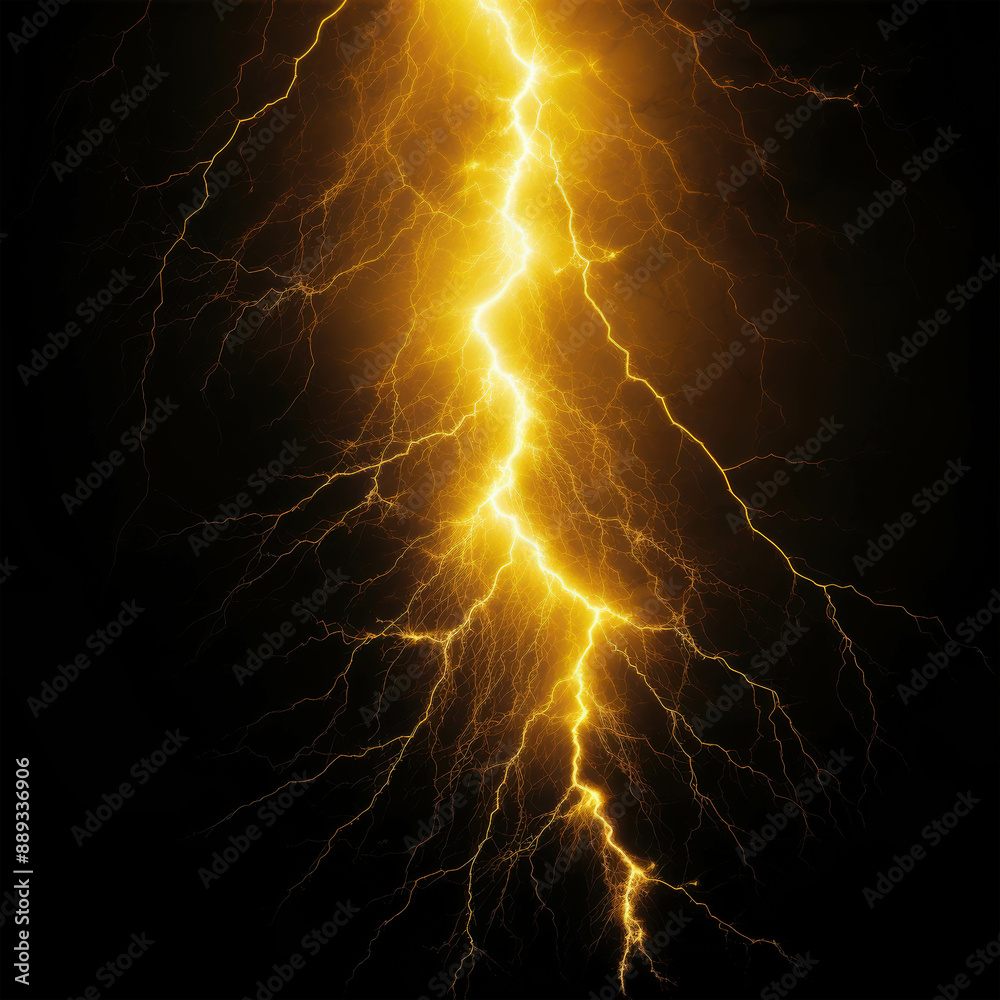 Powerful Golden Lightning Bolt Splitting the Dark Night Sky with Intense Energy Powerful Golden Lightning Bolt Splitting the Dark Night Sky with Intense Energy