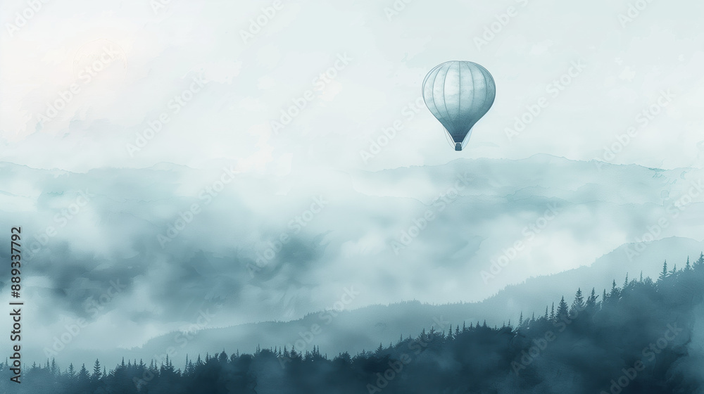 Obraz premium Hot Air Balloon in Watercolor Foggy Landscape Illustration, Capturing a Tranquil Scene Above the Misty Clouds