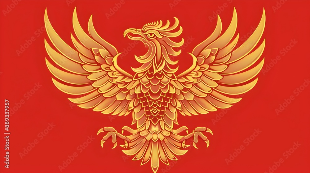 Majestic Golden Phoenix with Outstretched Wings on Red Background Majestic Golden Phoenix with Outstretched Wings on Red Background