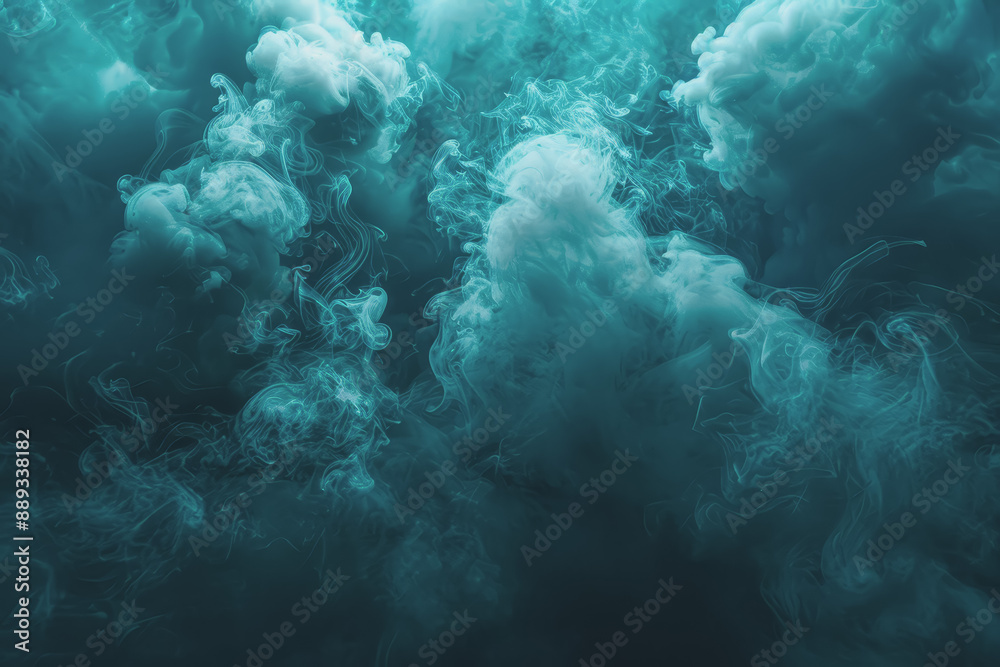 Fototapeta premium Dynamic smoke clouds Illuminated by a neon turquoise surface. The coolness of the underwater scenes.