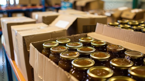 Organized Rows of Apple Jam Jars Packed in Cardboard Boxes for Shipment