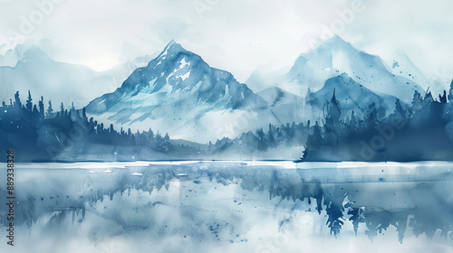 Watercolor Winter Landscape Featuring Snow-Capped Mountains, Frozen Lake, and Foggy Mist for a Serene Winter Scene