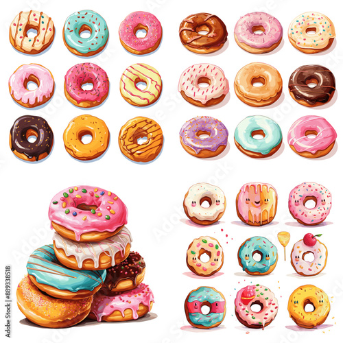 A collection of colorful donuts with various toppings