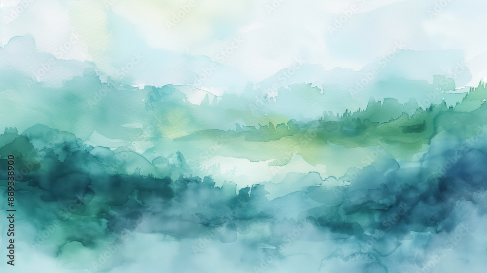 Obraz premium Watercolor Foggy Landscape Illustration with Cool Blue and Green Palette, Ethereal Mist Over Hills, Serene Nature Scene, Artistic and Dreamy
