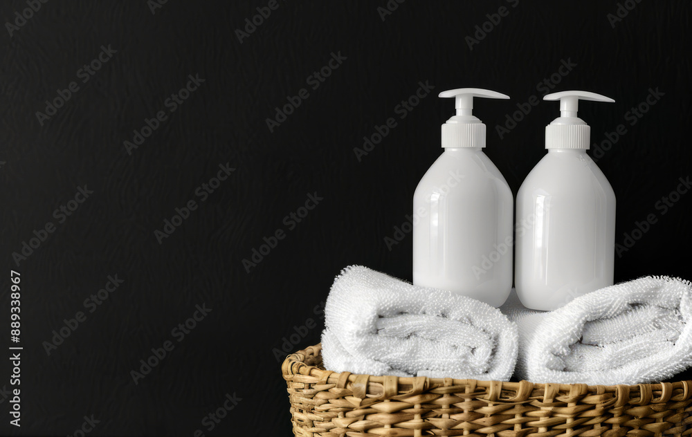 White bottles of shampoo, hand wash and body lotion in a basket with a white towel White bottles of shampoo, hand wash and body lotion in a basket with a white towel