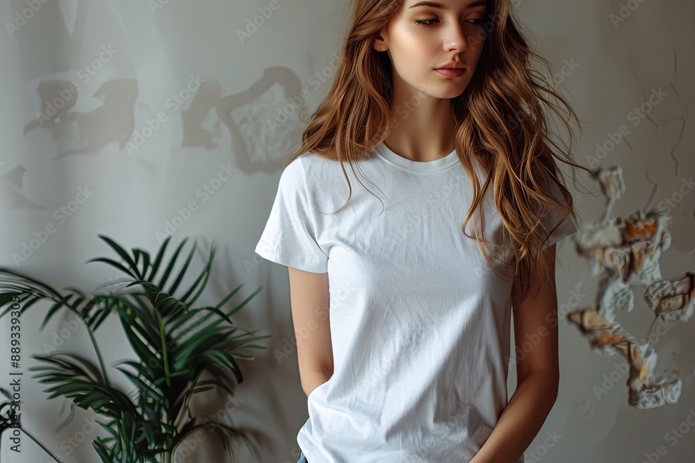 White tshirt mockup on woman model created with Generative AI White tshirt mockup on woman model created with Generative AI