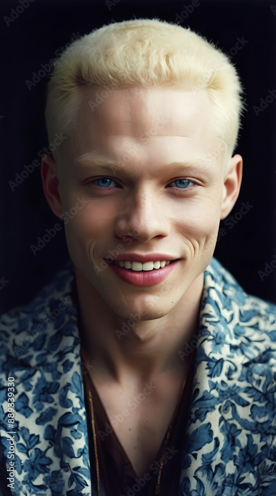 Portrait of handsome African American male albino model, white Afro, fashion and lifestyle, diversity, people background