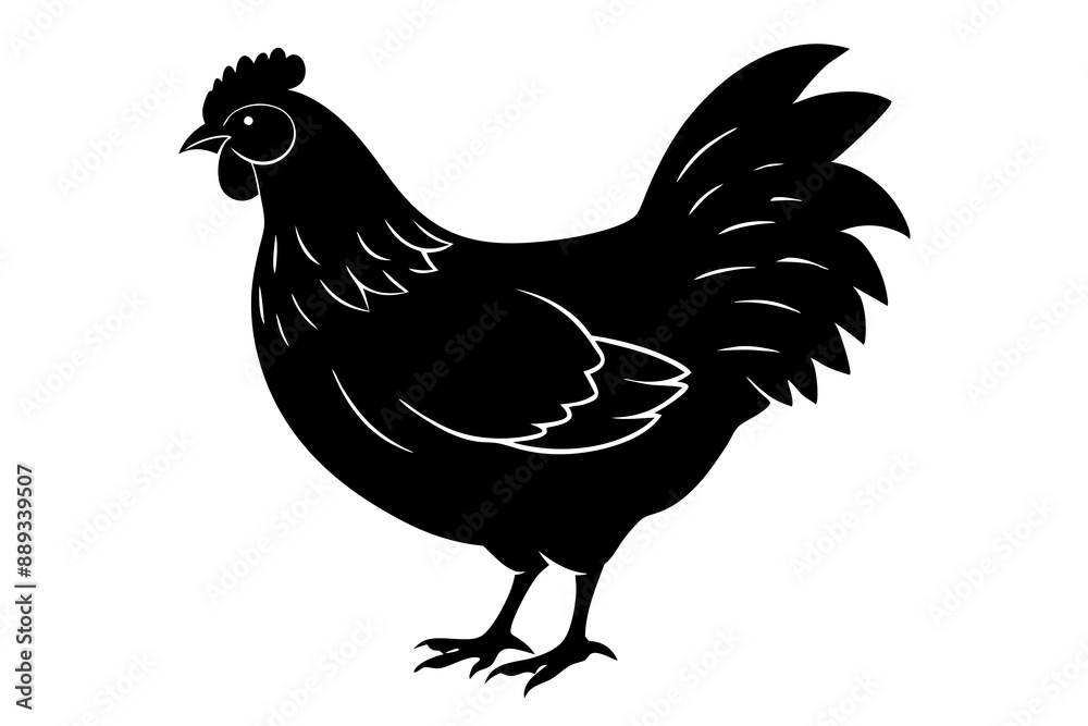 Fototapeta premium chicken silhouette, chicken line drawing, Black silhouette of a rooster standing. Vector illustration 