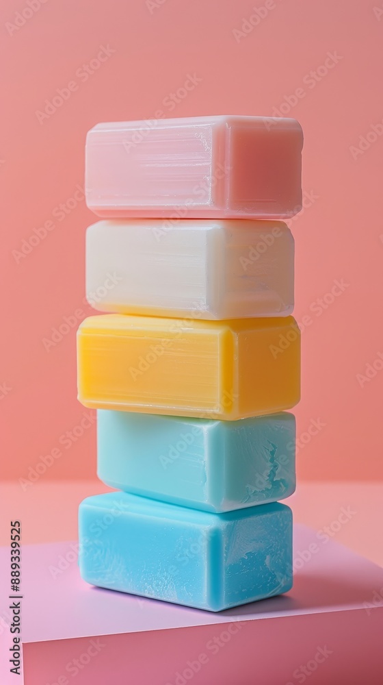 A stack of colorful bars of soap on a pink background A stack of colorful bars of soap on a pink background