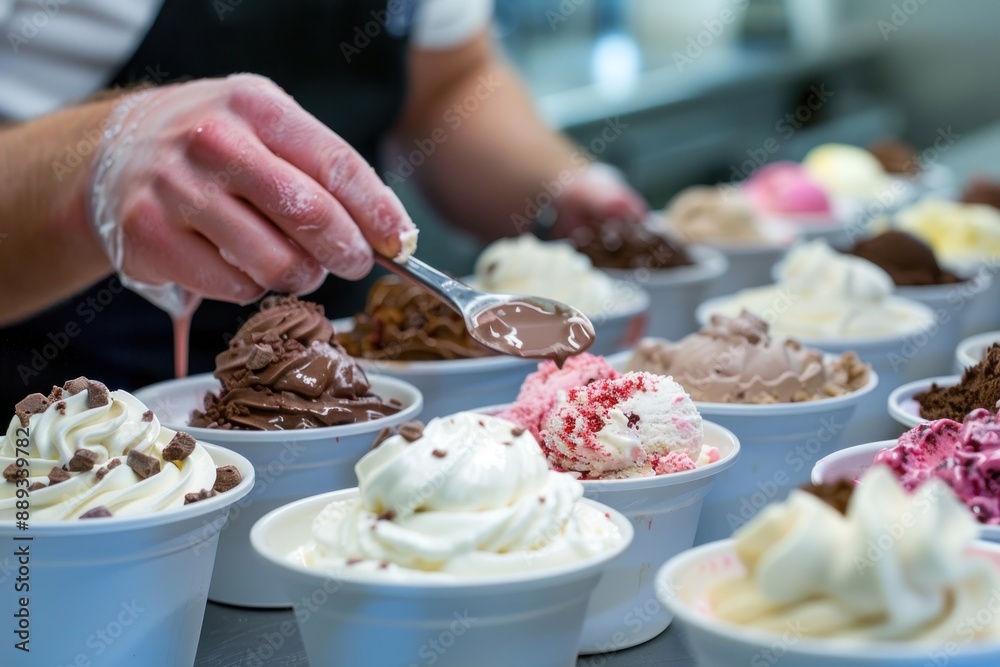 A professional ice cream taster sits at a table, evaluating multiple flavors of ice cream in small bowls. The taster uses a spoon to sample each flavor, concentrating on the taste and texture. The A professional ice cream taster sits at a table, evaluating multiple flavors of ice cream in small bowls. The taster uses a spoon to sample each flavor, concentrating on the taste and texture. The