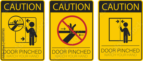 Photos Bundle set sticker safety sign hand pinch risk on closing door, for lift, elevat