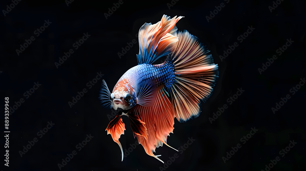 Graceful Siamese Betta Fish in Motion on Black Background Graceful Siamese Betta Fish in Motion on Black Background