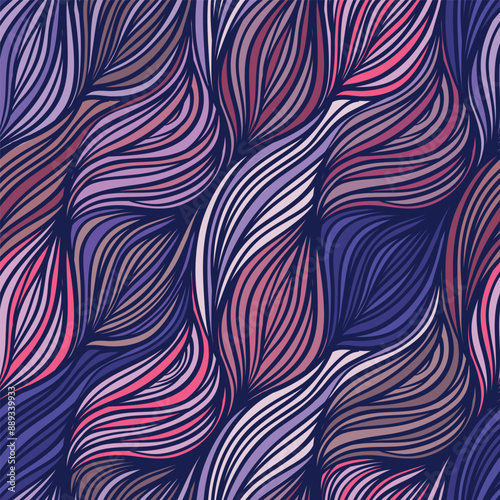 Vector color abstract hand-drawn hair pattern with waves and clouds. Asian st...