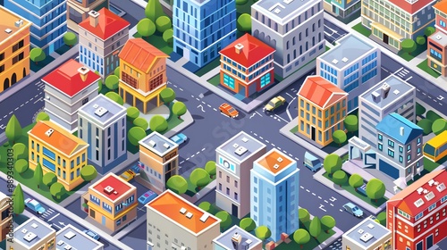 A colorful isometric illustration of a bustling city with many buildings, cars, and trees. © Nijat