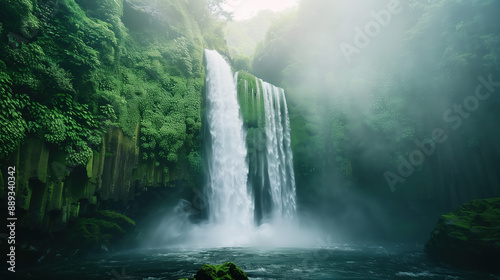 Cascading Waterfall Shrouded in Mist Surrounded by Lush Greenery in a Serene Natural Setting photo