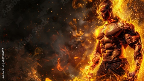 A bodybuilder on fire isolated on transparent photo