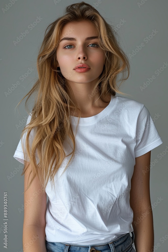 Fototapeta premium White tshirt mockup on woman model created with Generative AI