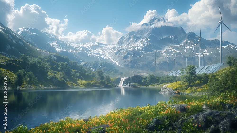 Fototapeta premium A landscape featuring wind turbines, solar panels, and a hydroelectric dam on the shore of the lake against the background of the mountains
