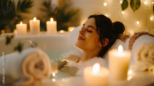 A woman relaxing in a bathtub with calming candles and bath salts around