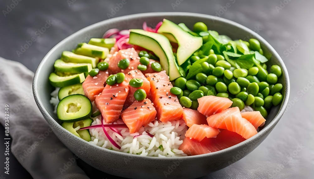 Poke bowl with salmon, rice, avocado, edamame beans, cucumber and radish in a gray bowl. Hawaiian ahi poke bowl, gray background.
Poke bowl with salmon, rice, avocado, edamame beans, cucumber and radish in a gray bowl. Hawaiian ahi poke bowl, gray background.