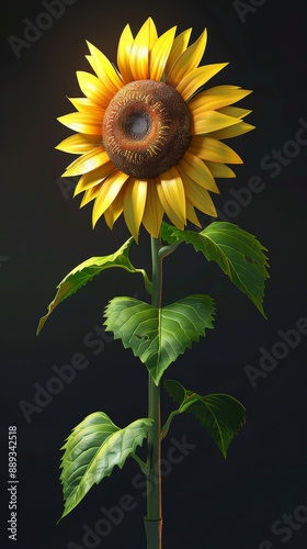 A single sunflower blooms brightly against a dark background