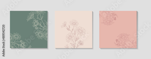 Minimalist Daisy greeting cards design, collection of elegant daisy flowers line art on pastel card illustration