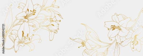 Luxury gold lily flowers background. Floral pattern tropical in line art style for greeting, invitation, wedding card, wall art, wallpaper and print. Vector illustration