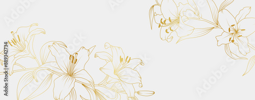 Luxury gold lily flowers background. Floral pattern tropical in line art style for greeting, invitation, wedding card, wall art, wallpaper and print. Vector illustration
