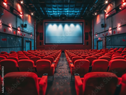 An empty movie theater with rows of red seats facing a large, bright screen, set in a softly lit environment, creating a tranquil and expectant atmosphere.