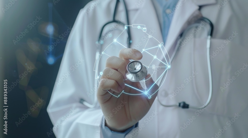 Doctor hand with stethoscope and Ui icon medical in hospital with medical technology network concept Doctor hand with stethoscope and Ui icon medical in hospital with medical technology network concept