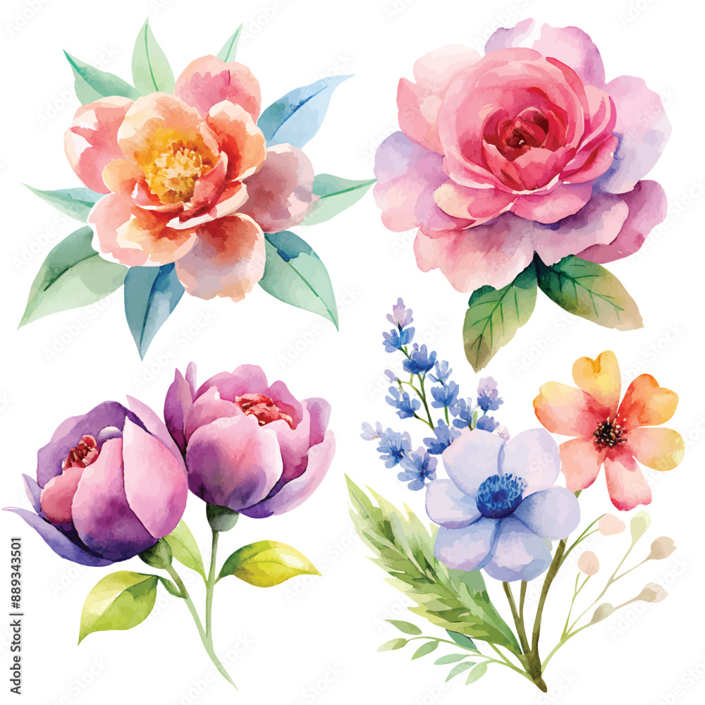 Obraz premium Beautiful Floral Watercolor Set with Various Flowers