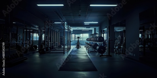 Wide angle photography of an empty modern gym room interior full of weights, bars and racks. Artificial lighting illuminating the room, nighttime shadows, no people. Nobody.